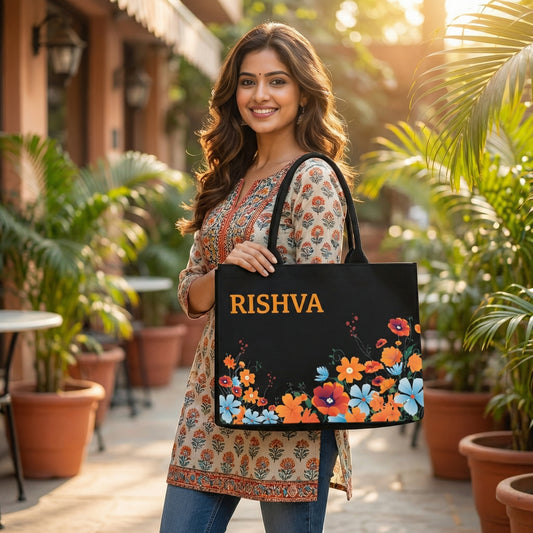 STYLLURE Customised Floral Design in Cheerful Orange, Red, and Blue Hues Tote Bag with Name Print, 16x12x5 Inches, Fits 15.6 Inch Laptop, Premium Handbag for Women, Office, Travel and Daily Use