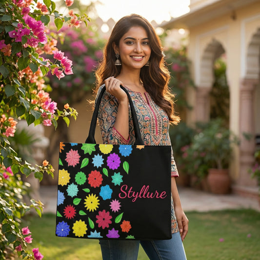 STYLLURE Customised Floral Pattern Tote Bag with Name Print, Black, 16x12x5 Inches, Fits 15.6 Inch Laptop, Premium Handbag for Women, Office, Travel and Daily Use