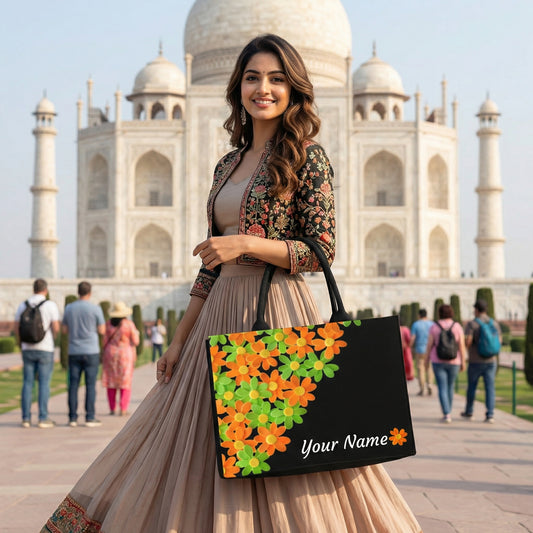 STYLLURE Tote Bag with Orange and Green Floral Design, Black, Personalized Name, 15.6 Inch Laptop Compartment, 16x12x5 Inches