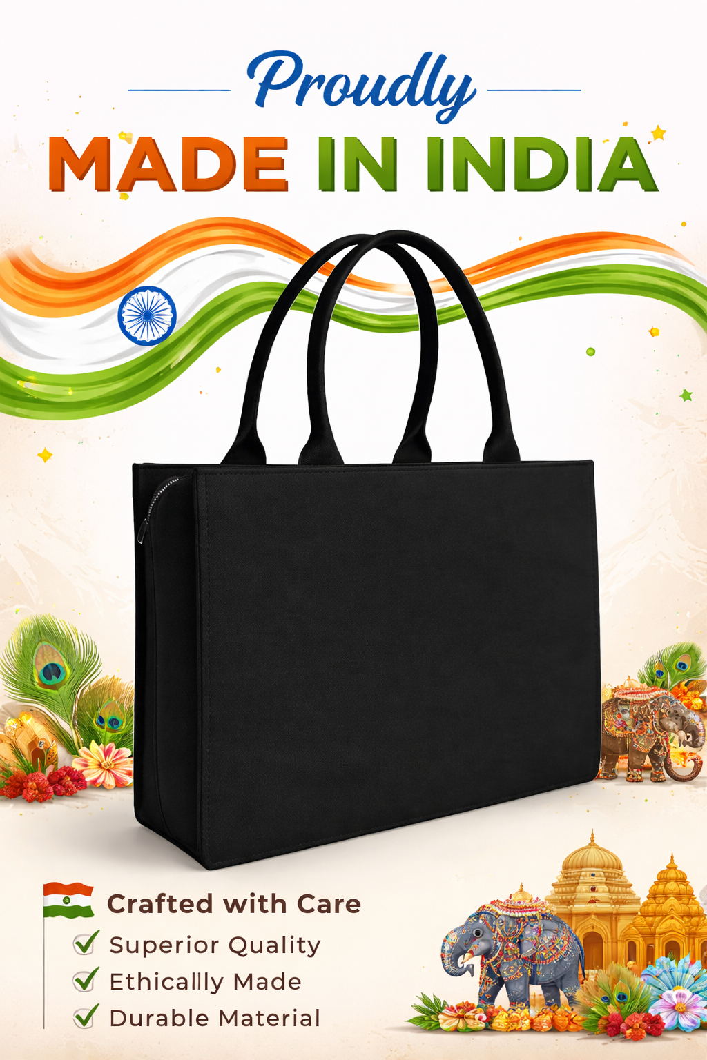 STYLLURE Personalised Tote Bag with Hummingbird Print, Personalised Name Print, Black, 16x12x5 Inches, Fits 15.6 Inch Laptop, Premium Handbag for Women, Office, Travel and Daily Use