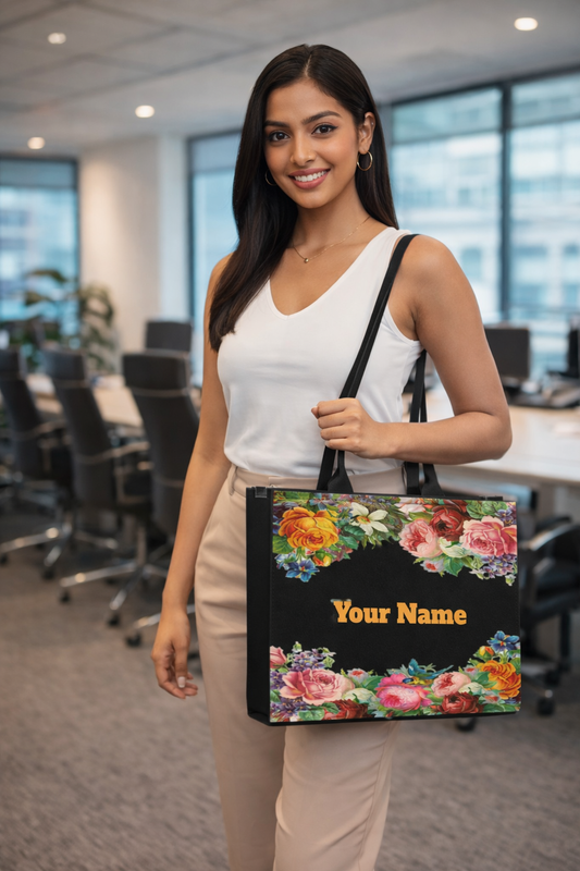 STYLLURE Tote Bag, Vibrant Floral Border of Colourful Roses set against a sophisticated black background with Name Personalization, Premium Handbag for Women, 16x12x5 inches, Fits 15.6 inch Laptop