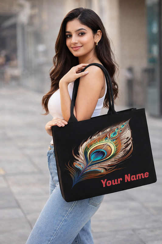 STYLLURE Customised Peacock Feather Design Tote Bag with Personalized Name Print, Black Canvas, 40x30x12 cm, Laptop Compartment up to 15.6 Inches, Handbag for Women, Office Travel and Daily Use