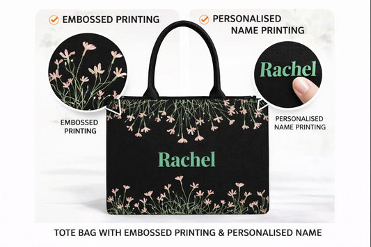 STYLLURE Customised Floral Tote Bag with Personalised Name Print, Black, Premium Handbag for Women, Office Travel Daily Use, 16x12x5 inches, Fits 15.6 inch Laptop