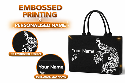 STYLLURE Black Tote Bag with a Striking White Design of a Peacock Perched on a Branch with Personalised Name, 40x30x12 cm, Fits 15.6 Inch Laptop, Premium Handbag for Women