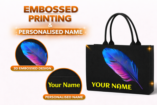 STYLLURE Tote Bag with Blue Feather Design, Customizable Name, Black Premium Handbag for Women, Office Travel and Daily Use, 16x12x5 inches, Fits 15.6 inch Laptop