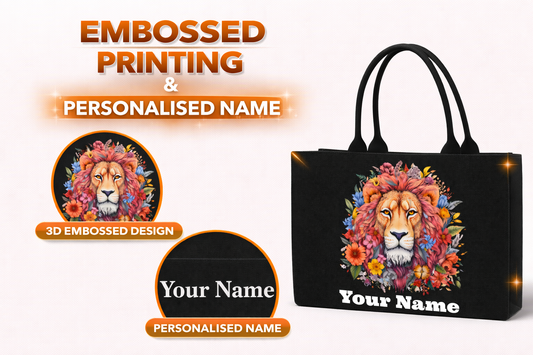 STYLLURE Tote Bag with Lion's Face with a Colourful Array of Blooming Flowers Design with Personalised Name, Laptop Compartment for 15.6 Inch, 16x12x5 Inches, Premium Handbag for Women