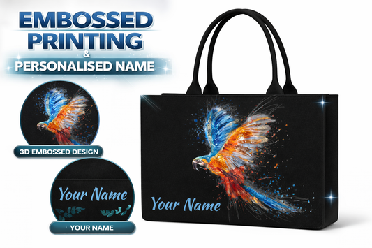 STYLLURE Customised Tote Bag with Artistic Parrot Design with Personalised Name Print, 16x12x5 Inches, Fits 15.6 Inch Laptop, Premium Handbag for Women, Office, Travel and Daily Use
