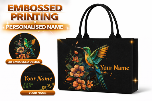 STYLLURE Personalised Beautiful Hummingbird Design Tote Bag with Name Print, Black, 16x12x5 Inches, Fits 15.6 Inch Laptop, Premium Handbag for Women, Office, Travel and Daily Use