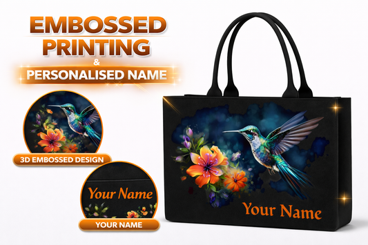STYLLURE Personalised Tote Bag with Flying Hummingbird and Floral Design, Black Canvas, 16x12x5 Inche, Fits 15.6 Inch Laptop, Customisable Name Print, Premium Handbag for Women