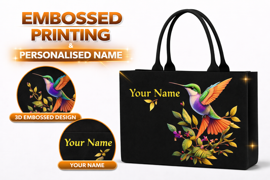 STYLLURE Personalised Tote Bag Vibrant Hummingbird and Floral Design with Name Print, Black, 16x12x5 Inches, Fits 15.6 Inch Laptop, Premium Handbag for Women, Office, Travel and Daily Use