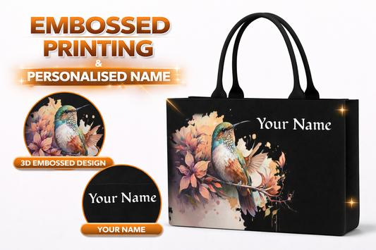 STYLLURE Personalised Watercolour Hummingbird and Floral Design Tote Bag with Name Print, Black, 16x12x5 Inches, Fits 15.6 Inch Laptop, Premium Handbag for Women, Office, Travel and Daily Use