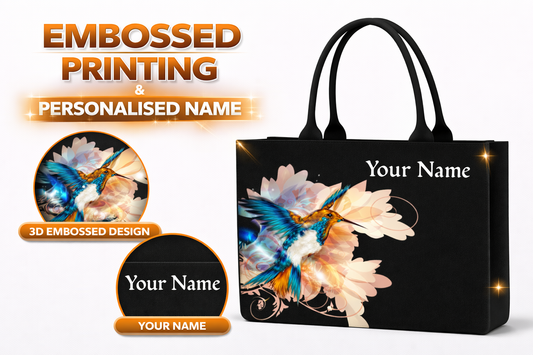 STYLLURE Personalised Captivating Hummingbird and Floral Design Tote Bag with Name Print, Black, 16x12x5 Inches, Fits 15.6 Inch Laptop, Premium Handbag for Women, Office, Travel and Daily Use