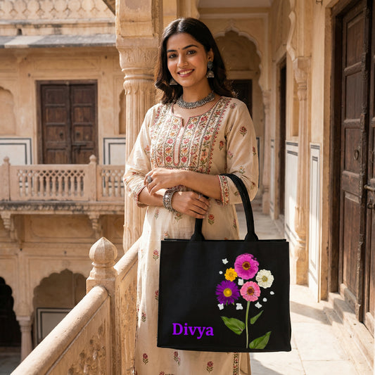 STYLLURE Customised Floral Design Tote Bag with Name Print, Black, 16x12x5 Inches, Fits 15.6 Inch Laptop, Premium Handbag for Women, Office, Travel and Daily Use