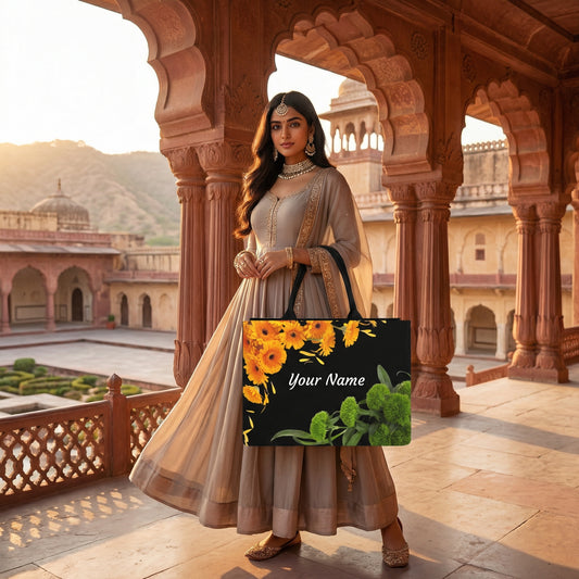 STYLLURE Black Tote Bag with Orange and Green Flowers Design, Spacious Laptop Compartment for 15.6 Inch, Black with Orange and Green Flowers, 16x12x5 Inches, Premium Handbag for Women