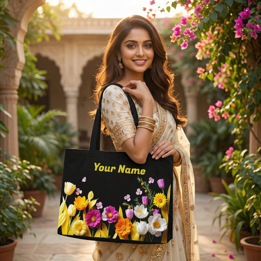 STYLLURE Tote Bag, Black, Customizable Floral Design with Tulips, Daisies and Cosmos Flowers, 15.6 Inch Laptop Compartment, 16x12x5 Inches