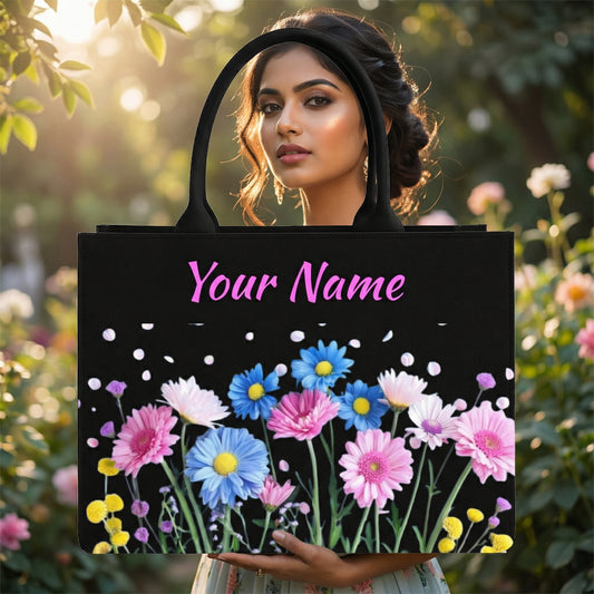 STYLLURE Customised Floral Design Tote Bag with Name Print, Black, 16x12x5 Inches, Fits 15.6 Inch Laptop, Premium Handbag for Women, Office, Travel and Daily Use