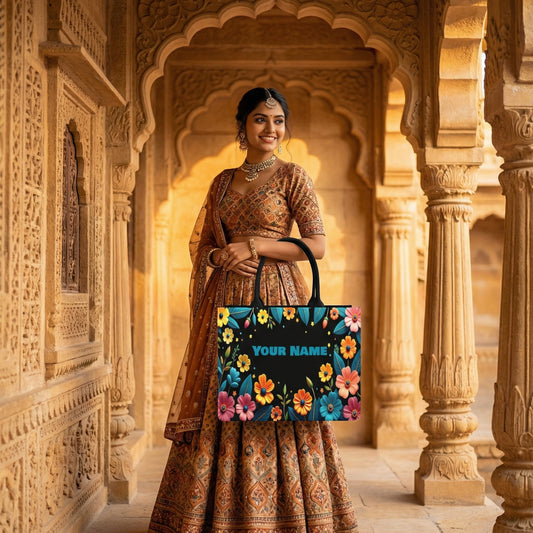 STYLLURE Tote Bag with Customizable Name, Floral Design, 15.6 Inch Laptop Compartment, Spacious Everyday Carry Bag, 16x12x5 Inches