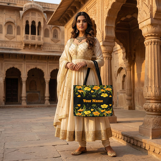 STYLLURE Tote Bag with Yellow Floral Design, Personalized Name Print, 15.6 Inch Laptop Compartment, Black, 16x12x5 Inches, Premium Handbag for Women
