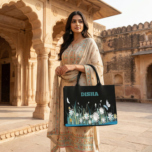 STYLLURE Tote Bag with Customizable Name, Black with Floral Butterfly Design, 15.6 Inch Laptop Compartment, 16x12x5 Inches