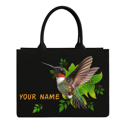 STYLLURE Personalised Tote Bag with Hummingbird Print, Personalised Name Print, Black, 16x12x5 Inches, Fits 15.6 Inch Laptop, Premium Handbag for Women, Office, Travel and Daily Use