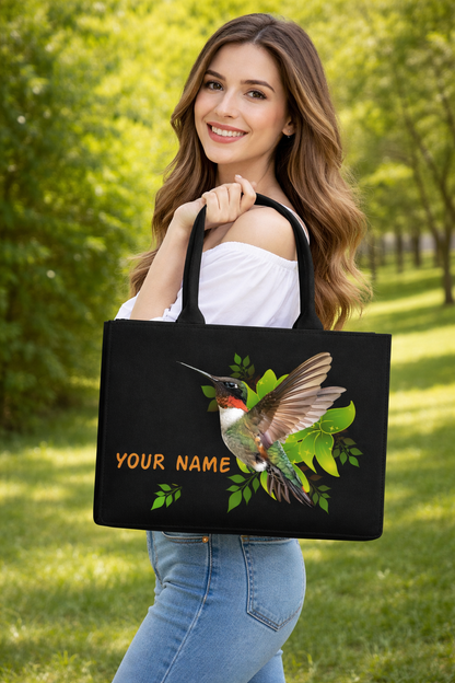 STYLLURE Personalised Tote Bag with Hummingbird Print, Personalised Name Print, Black, 16x12x5 Inches, Fits 15.6 Inch Laptop, Premium Handbag for Women, Office, Travel and Daily Use