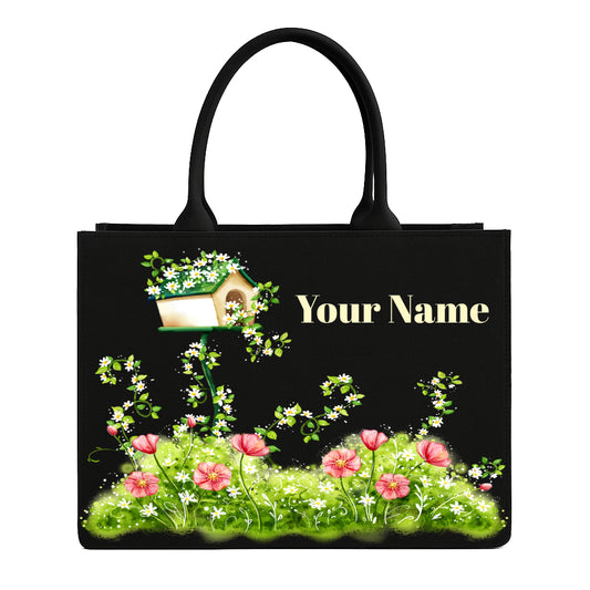 STYLLURE Personalized Tote Bag with Beautiful Floral Garden with Pink Blooms and a Delightful Birdhouse, Name Print, Premium Handbag for Women, 16x12x5 inches, Fits 15.6 inch Laptop
