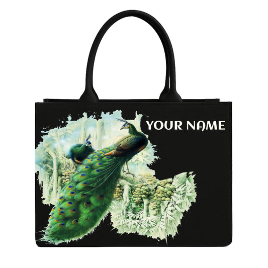 STYLLURE Personalised Magnificent Peacock Design Tote Bag with Name Print, Black, 16x12x5 Inches, Fits 15.6 Inch Laptop, Premium Handbag for Women, Office, Travel and Daily Use