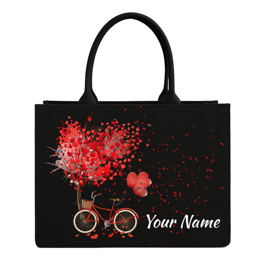 STYLLURE Personalised Charming Bicycle with Red Hearts Design Tote Bag With Name Print, 15.6 Inch Laptop Compartment, 16x12x5 Inches, Premium Handbag for Women, Office Travel and Daily Use