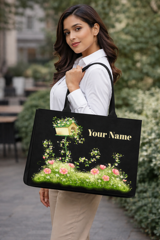 STYLLURE Personalized Tote Bag with Beautiful Floral Garden with Pink Blooms and a Delightful Birdhouse, Name Print, Premium Handbag for Women, 16x12x5 inches, Fits 15.6 inch Laptop