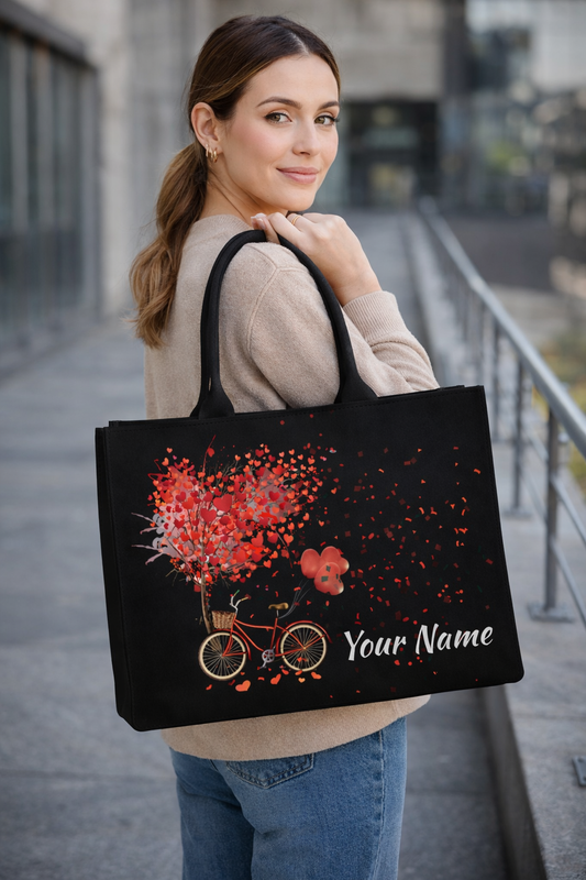 STYLLURE Personalised Charming Bicycle with Red Hearts Design Tote Bag With Name Print, 15.6 Inch Laptop Compartment, 16x12x5 Inches, Premium Handbag for Women, Office Travel and Daily Use