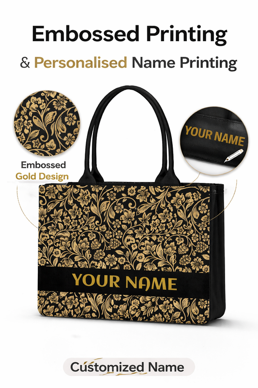 STYLLURE Customised Tote Bag with Gold Floral Pattern against a Rich Black Background, Personalized Name, Laptop Compartment fits 15.6 inch, 16x12x5 inches, Premium Handbag for Women