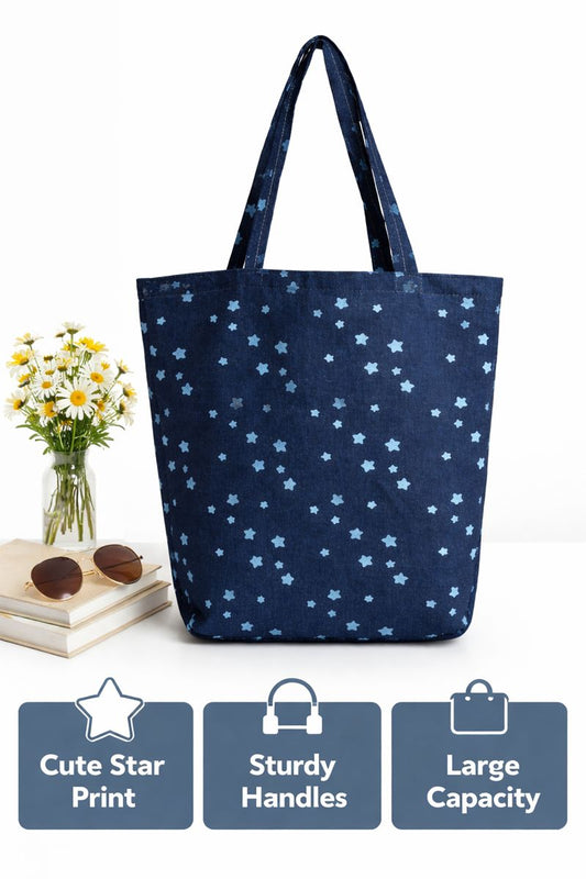 STYLLURE Everyday Shoulder Tote Bag Navy Blue with Star Print, Premium Fabric, Double-Stitch Handles, Lightweight & Washable Shopping Bag