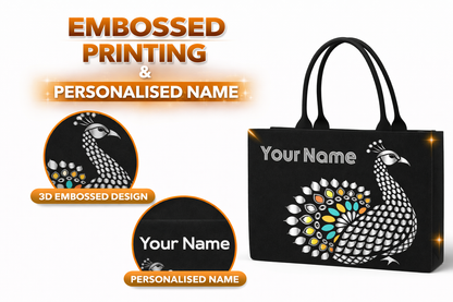 STYLLURE Personalised Black Canvas Tote Bag with Peacock Design, 40x30x12 cm, Laptop Compartment up to 15.6 Inches
