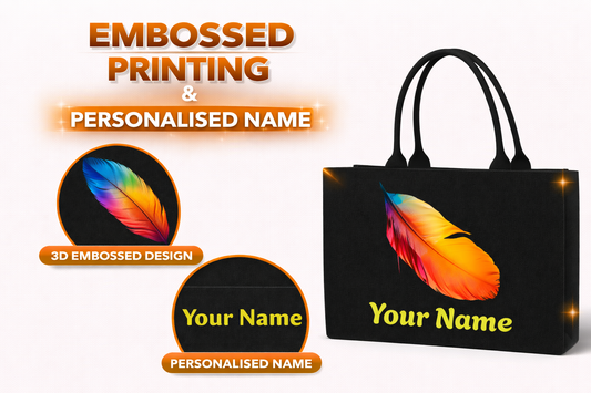 STYLLURE Customised Colourful Feather Design Tote Bag with Personalised Name Print, Black Premium Handbag for Women, Office Travel and Daily Use, 16x12x5 inches, Laptop Compartment up to 15.6 Inches