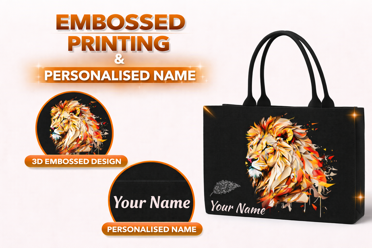 STYLLURE Customised Tote Bag with Artistic Lion Design, Black, Customizable Name, Laptop Compartment up to 15.6 Inch, 16x12x5 Inch, Premium Handbag for Women, Office Travel and Daily Use