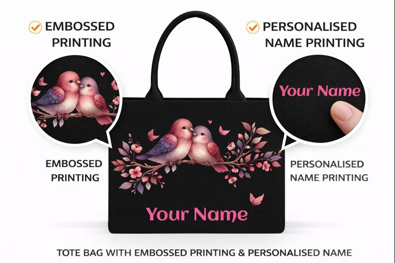 STYLLURE Personalised Design of Two Lovebirds Surrounded by Delicate Floral Artwork Tote Bag with Name Print, Black Premium Handbag for Women, 16x12x5 inches, Laptop Compartment up to 15.6 Inches