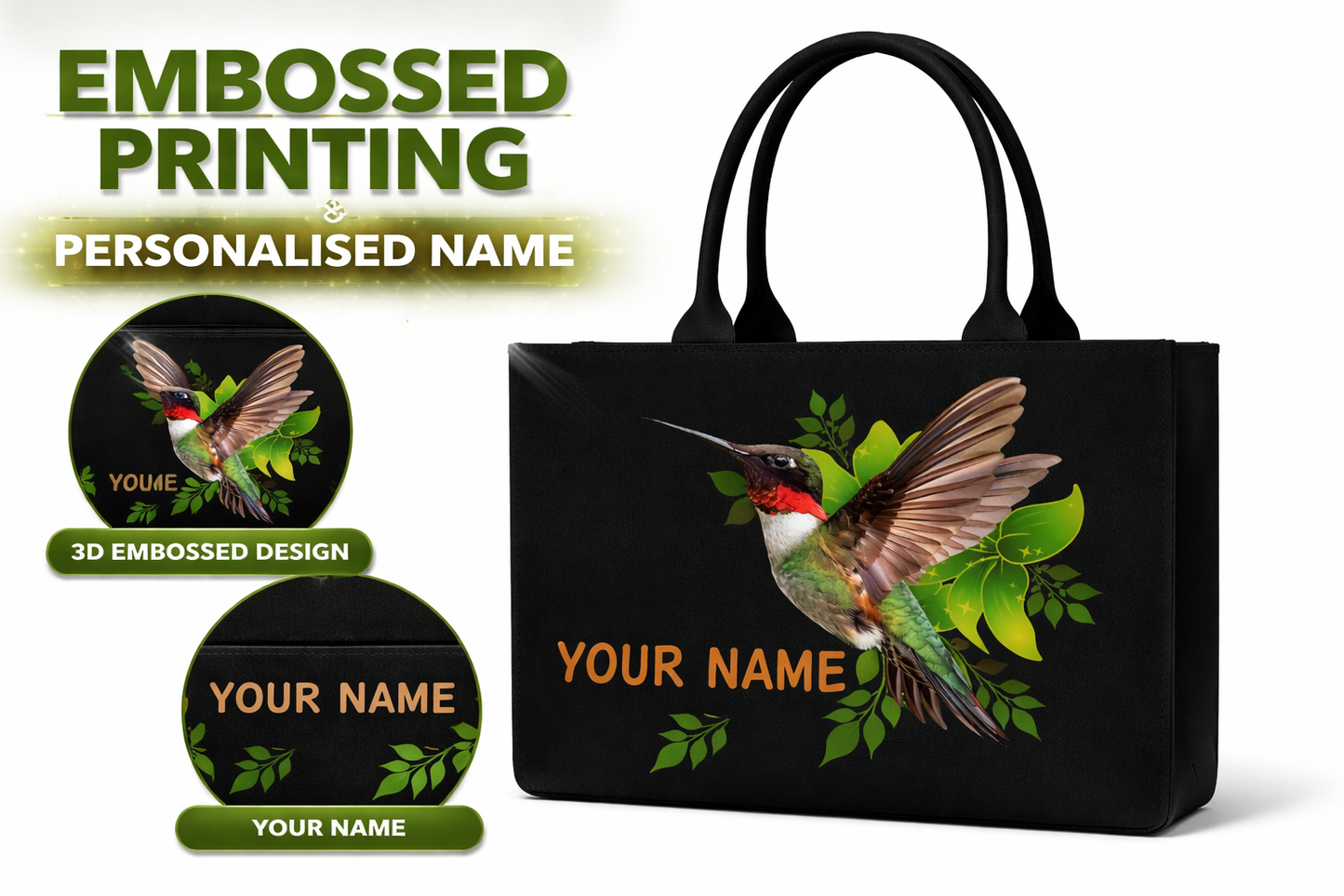STYLLURE Personalised Tote Bag with Hummingbird Print, Personalised Name Print, Black, 16x12x5 Inches, Fits 15.6 Inch Laptop, Premium Handbag for Women, Office, Travel and Daily Use