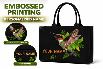STYLLURE Personalised Tote Bag with Hummingbird Print, Personalised Name Print, Black, 16x12x5 Inches, Fits 15.6 Inch Laptop, Premium Handbag for Women, Office, Travel and Daily Use