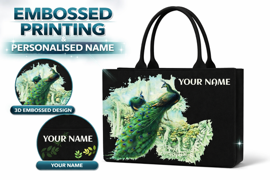 STYLLURE Personalised Magnificent Peacock Design Tote Bag with Name Print, Black, 16x12x5 Inches, Fits 15.6 Inch Laptop, Premium Handbag for Women, Office, Travel and Daily Use