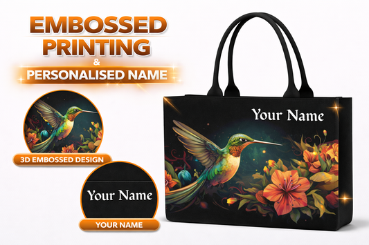 STYLLURE Personalised Exquisite Hummingbird and Vibrant Floral Design Tote Bag with Name Print, Black, 16x12x5 Inches, Fits 15.6 Inch Laptop, Premium Handbag for Women, Office, Travel and Daily Use