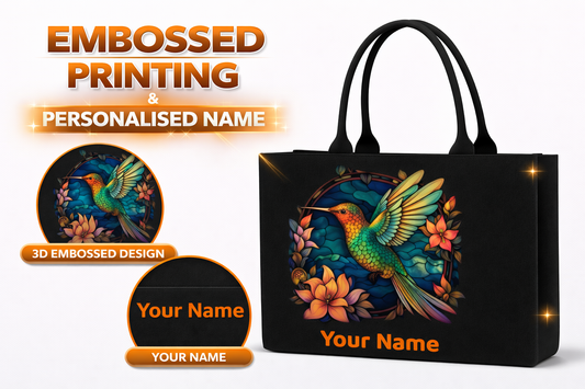 STYLLURE Personalised Brightly Colored Hummingbird Surrounded by Flowers Tote Bag with Name Print, Black, 16x12x5 Inches, Fits 15.6 Inch Laptop, Premium Handbag for Women