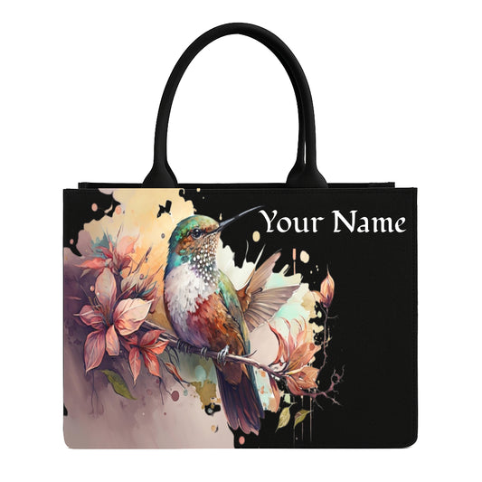 STYLLURE Personalised Watercolour Hummingbird and Floral Design Tote Bag with Name Print, Black, 16x12x5 Inches, Fits 15.6 Inch Laptop, Premium Handbag for Women, Office, Travel and Daily Use