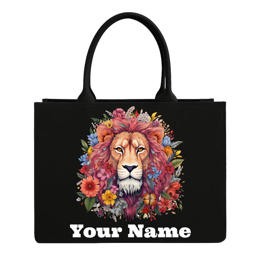 STYLLURE Tote Bag with Lion's Face with a Colourful Array of Blooming Flowers Design with Personalised Name, Laptop Compartment for 15.6 Inch, 16x12x5 Inches, Premium Handbag for Women