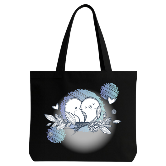 STYLLURE Printed Tote Bag for Women, Black Canvas Shoulder Bag with Cute Birds and Floral Design, Spacious Lightweight Everyday Carry