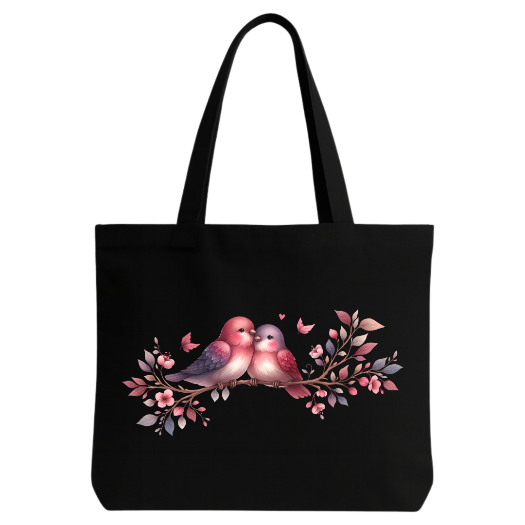 STYLLURE Printed Tote Bag with Love Birds and Floral Design, Black Canvas Shoulder Bag for Women