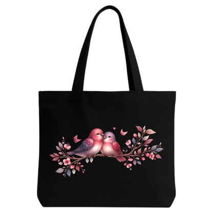 STYLLURE Printed Tote Bag with Love Birds and Floral Design, Black Canvas Shoulder Bag for Women