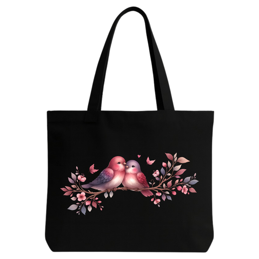 STYLLURE Printed Tote Bag with Love Birds and Floral Design, Black Canvas Shoulder Bag for Women
