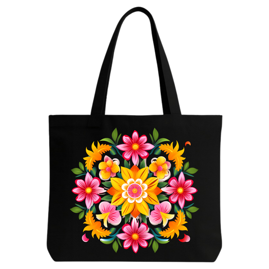 STYLLURE Printed Tote Bag for Women, Colorful Floral Design Canvas Shoulder Bag, Lightweight and Spacious, Black