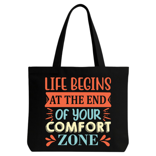 STYLLURE Printed Tote Bag for Women, Life Begins at the End of Your Comfort Zone Quote, Black Canvas Shoulder Bag, Lightweight and Spacious