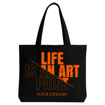 STYLLURE Printed Tote Bag for Women, Life is an Art Paint Your Dreams Quote, Black Canvas Shoulder Bag, Lightweight and Spacious